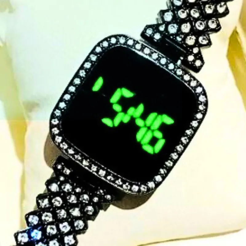 LED Display Stainless Steel Stone Women Watch