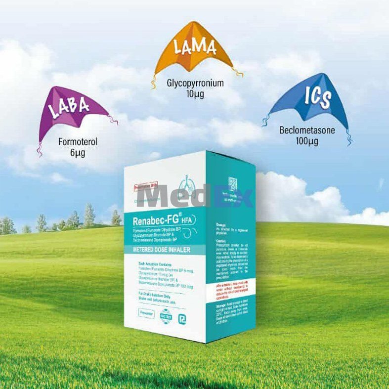 Renabec-FG Inhaler (100 mcg + 6 mcg + 10 mcg)/puff – Beclometasone + Formoterol + Glycopyrronium