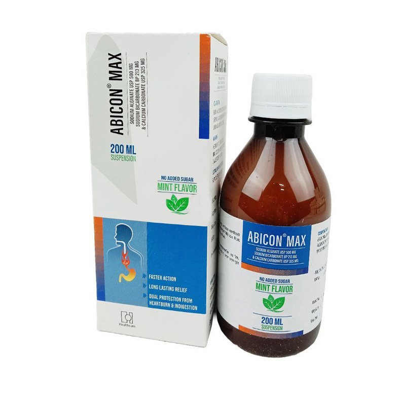 Abicon Max Suspension (500 mg + 213 mg + 325 mg)/10 ml (Sodium Alginate + Sodium Bicarbonate + Calcium Carbonate)