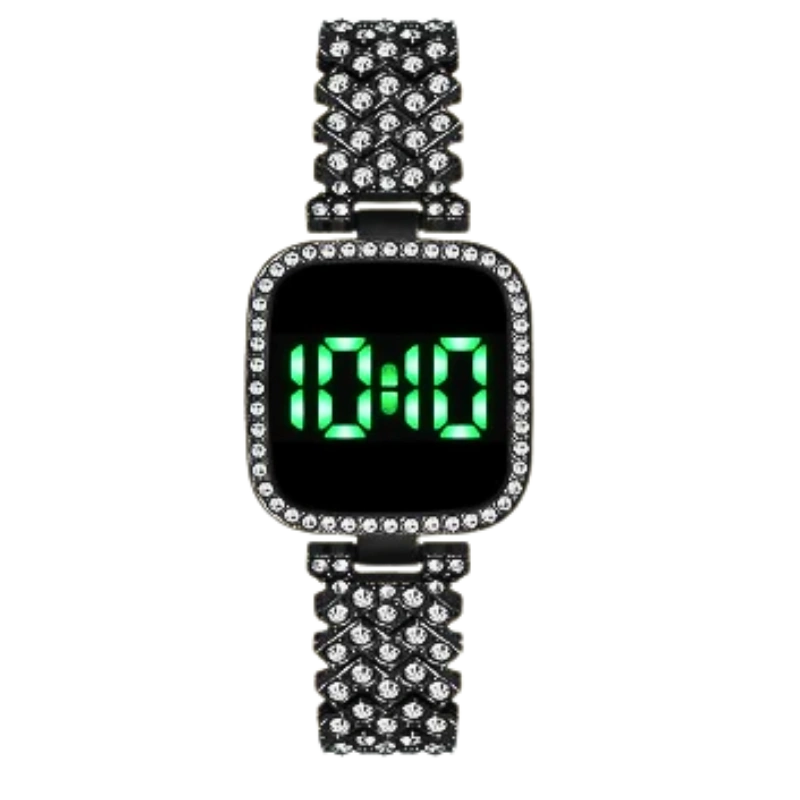 LED Display Stainless Steel Stone Women Watch