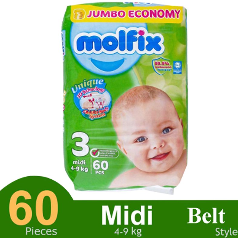 Molfix Belt System Baby Diaper (3 midi Size) (4-9 kg) (60pcs)