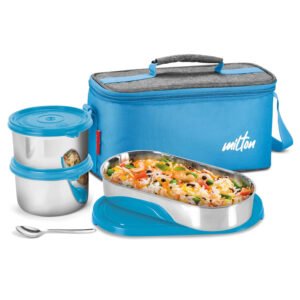 Milton Steel Smart Lunch Box 2 Round 500ml 1 Oval 675ml Spoon Insulated Fabric Bag Blue