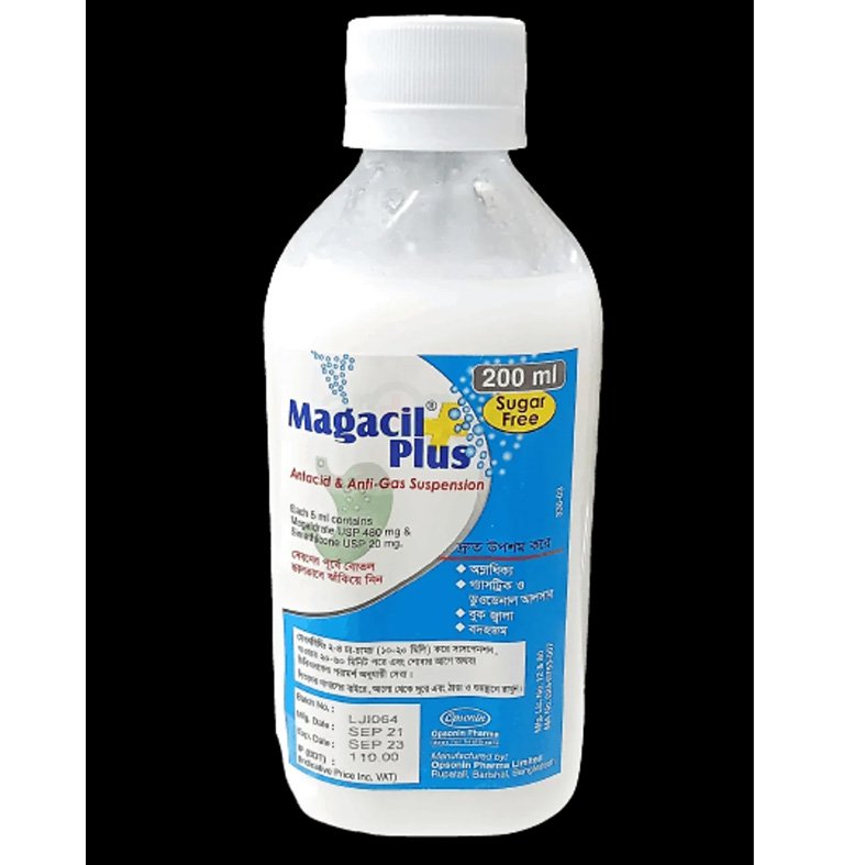 Magacil Plus Suspension (480 mg + 20 mg)/5 ml (Magaldrate + Simethicone)