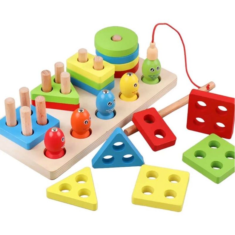 Fishing Game Geometry and Color Learning Five Sets of Columns Wooden Toys for Children - Image 2